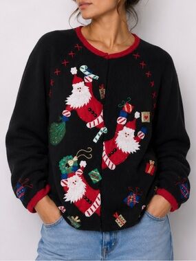 Vintage Sweater Santa Claus Christmas Festival Winter Button Up Size Large
